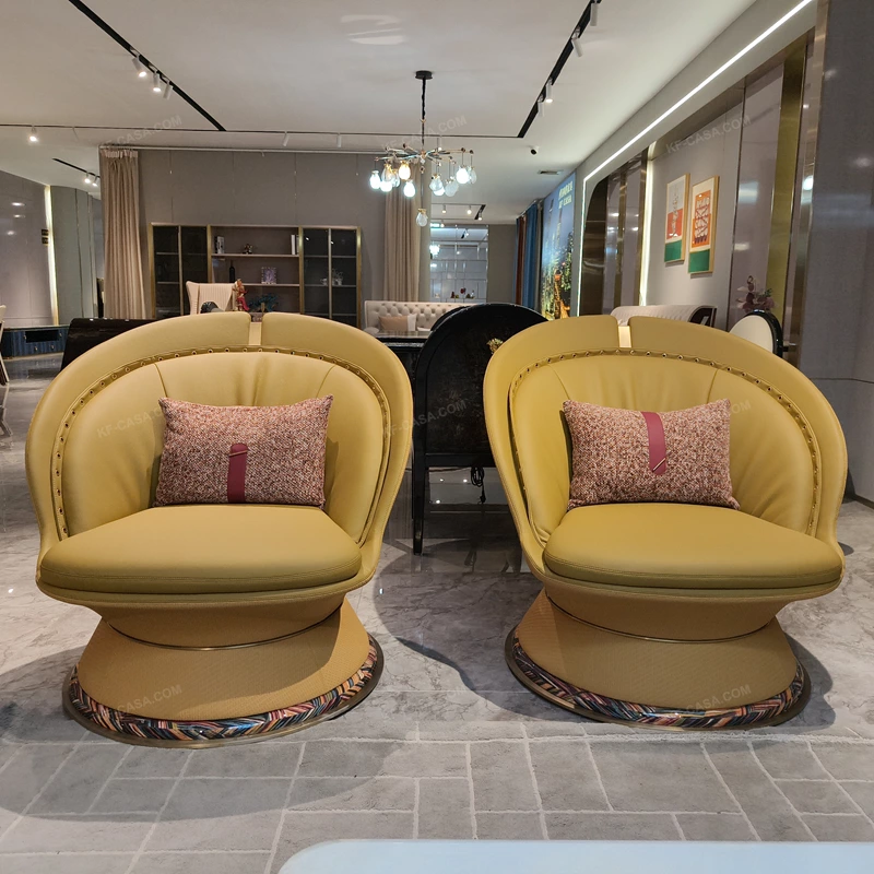 Mustard Yellow Leather Leisure Chair with Woven Seat and Colorful Geometric Back Panel